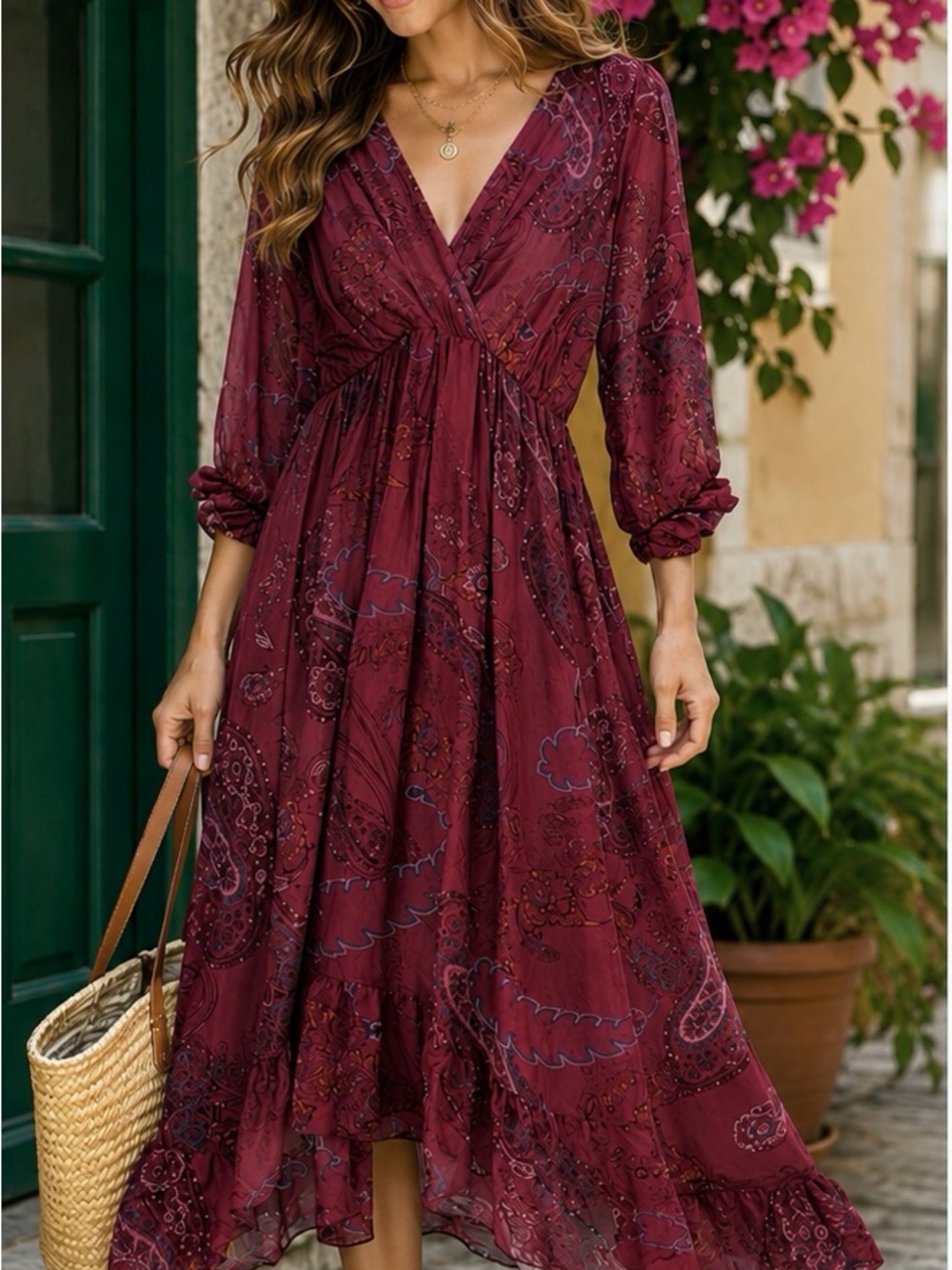 Anna Melan Made in Italy Silk Boho Burgundy High-Low Midi/Maxi Dress Size M